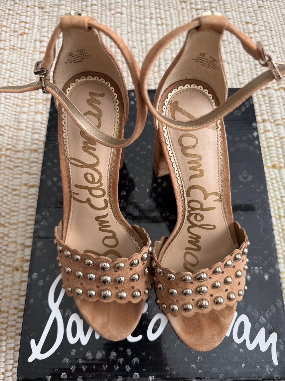 Sam Edelman Tan Suede Studded Ankle-Strap Block Heels
